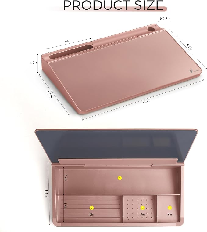 TOWON Compact Glass Desktop Whiteboard with Storage 12x7 in, Rose Gold | Aesthetic dry erase surface, 5 markers, eraser and holder included, for the office, home or school desk