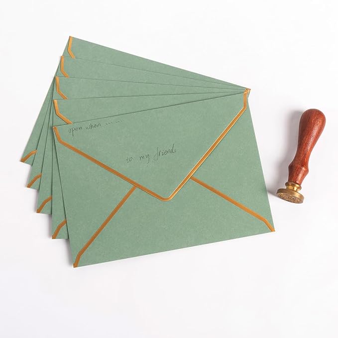 100 Pack A7 Envelopes 5 x 7 Card Envelopes V Flap with Gold Border for Office, Wedding Gift Cards, Invitations, Graduation, Baby Shower, Parties (Sage-Green, 5.32 x 7.28 Inches)