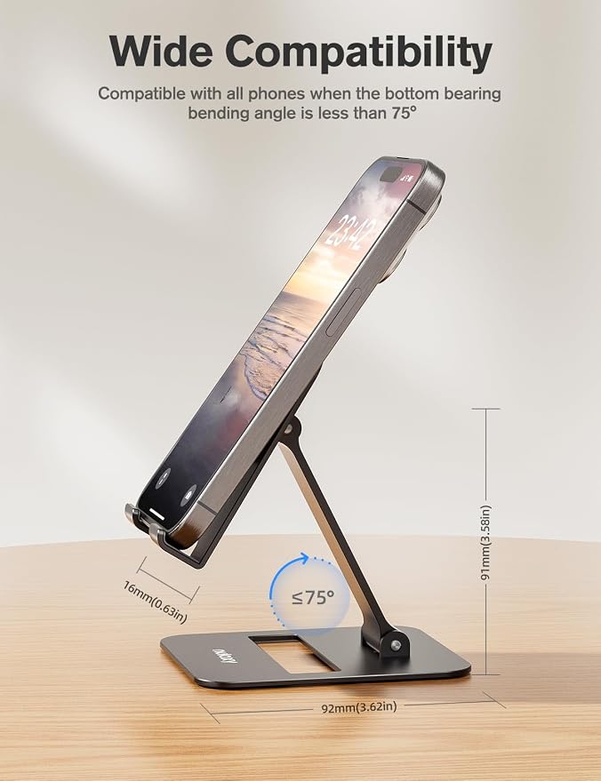 Nulaxy 2 Pcs Aluminum Dual Folding Cell Phone Stand for Desk, Black & Black | Height Angle Adjustable, Portable, Anti-Slip Base Phone Holder Fits 16mm Thick Case 4-8" Smartphone Desk Essential Accessory