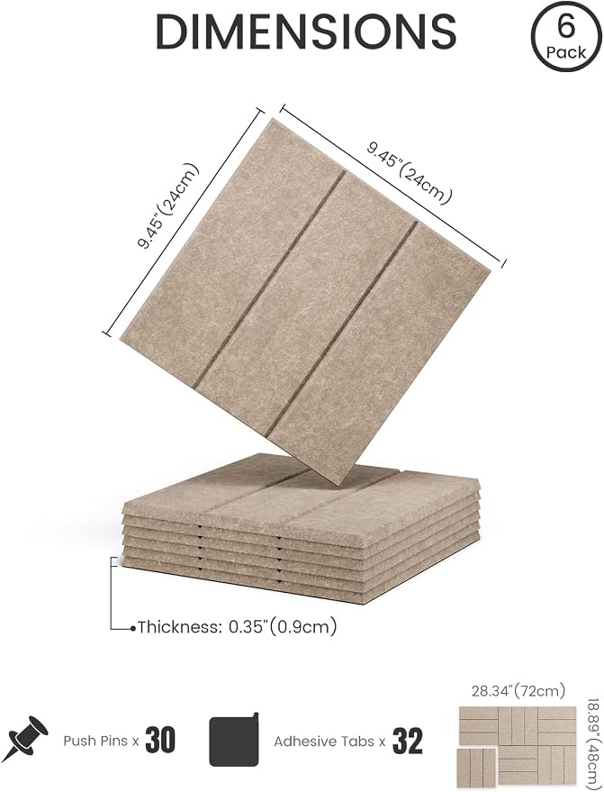 28" x 18" Felt Bulletin Board Tiles, Bold Stripe, Taupe | 6-Pack Cork Board Alternative, 30 Adhesive Tabs, Push Pin Board, Wall Decor, Office, Home, Classroom, Dorm