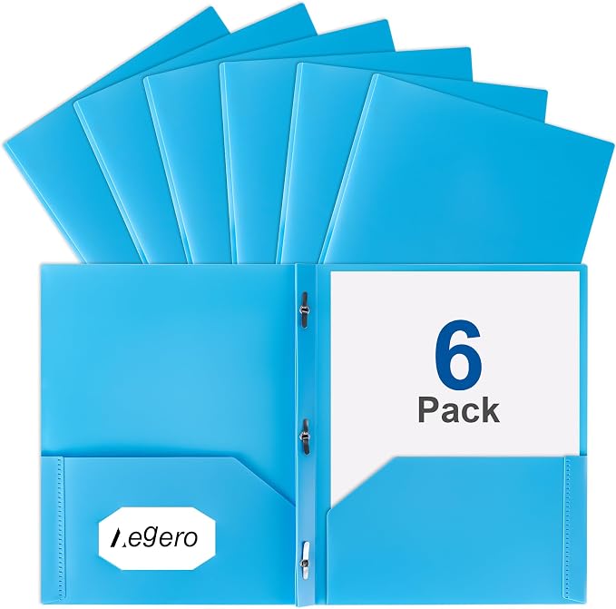 Folders with Pockets and Prong with Fasteners (6 Pack, Sky Blue) | Durable Plastic Pocket Folders with Prongs,Tear Resistant,2 Pocket 3 Prong Folders for Schoolwork & Office,Letter Size