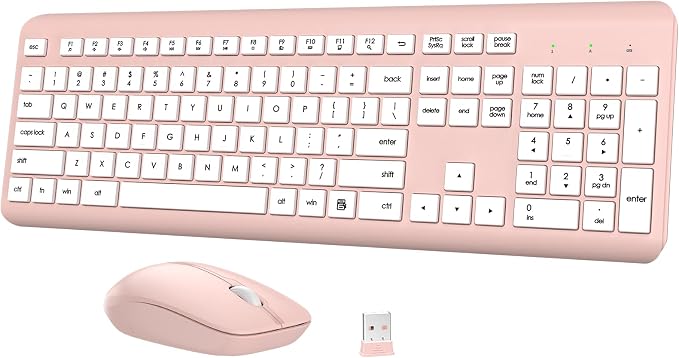 Wireless Keyboard and Mouse Combo, Full-Size Silent Ergonomic Keyboard and Optical Mouse, Long Battery Life, 2.4G Lag-Free Mice Keyboard for Computer,Mac,Laptop,PC,Windows(White Pink)