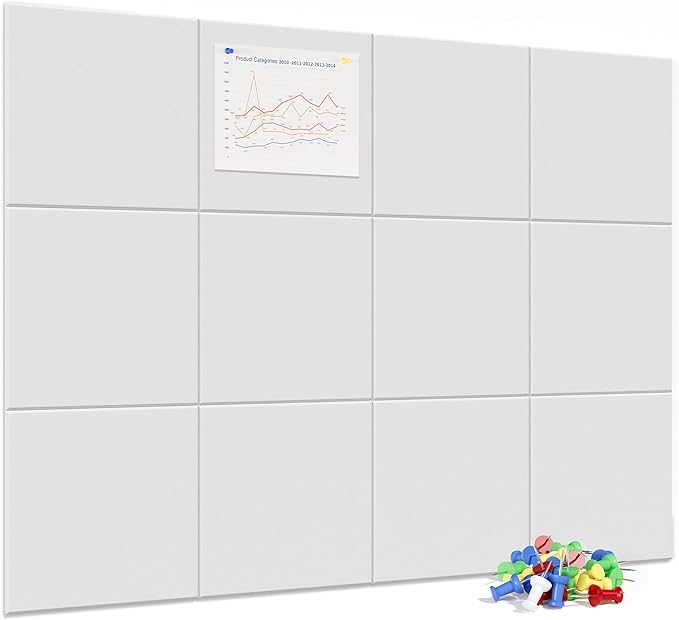 Large Cork Board for Wall, 48" x 36" Bulletin Board with Pushpins, 12 Panels Felt Tiles Tack Push Pin Board for Office, White