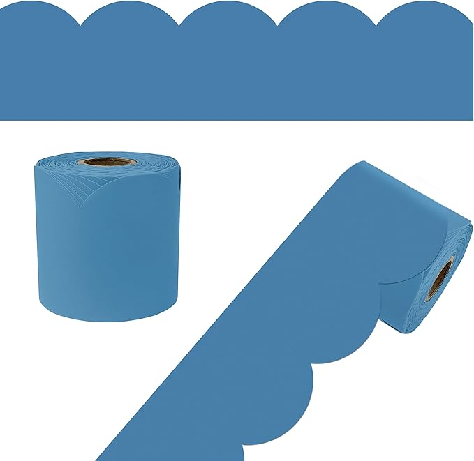 Carson Dellosa 65Ft of Ocean Blue Bulletin Board Borders, 1 Roll of Scalloped Trim for Rolling Whiteboard, Cork and Posterboard, Party, Office Decorations, and Classroom Decor