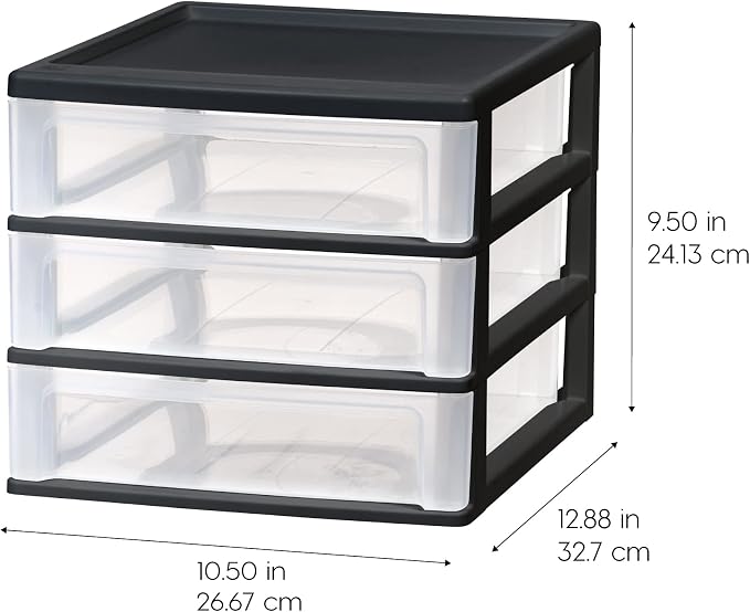 IRIS USA 2-Pack, 3-Drawer Medium Plastic Stacking Desktop Organizer, Black | Keep dorm desks organized with drawers for school supplies, makeup, snacks, chargers and everyday college essentials