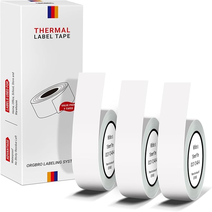 ORGBRO X1 Label Maker Tape, Genuine Thermal Label Print Paper 0.59"×275.6"(15mm×7m), Standard Laminated Office Labeling Tape Replacement, 3-Roll, White