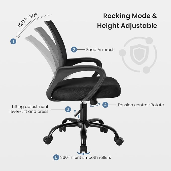 DUMOS Home Office Chair - Ergonomic Mid Back Mesh Desk Chair with Lumbar Support & Rocking Mode, Height Adjustable with Fixed Armrest, for Computer, Gaming, Meeting, 360° Swivel, Black