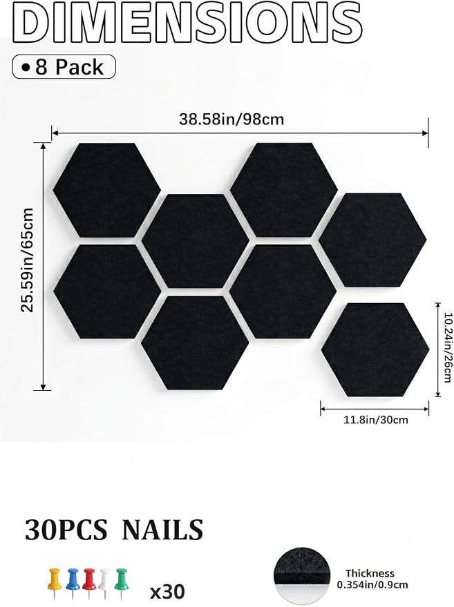 8-Pack Hexagon Felt Bulletin Board Tiles, Cork Board Alternative | For students and teachers creating vision boards in homes, offices, dorms or classrooms; includes 40 tabs and 30 push pins