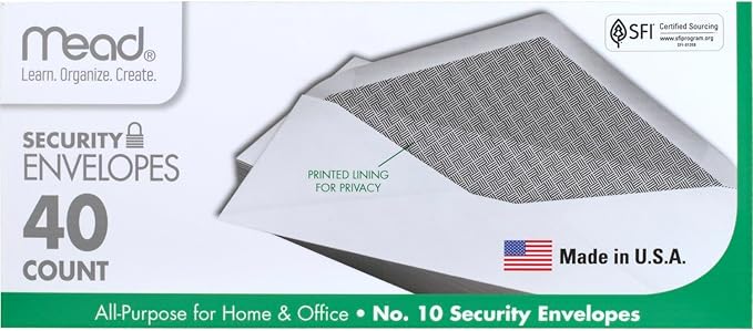 Mead #10 Envelopes, Letter Size, 4-1/8" x 9-1/2", Security Printed Lining for Privacy, Gummed Closure, Windowless, White All-Purpose for Home & Office Mail, 40 Count (75214)