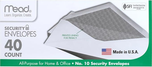Mead #10 Envelopes, Letter Size, 4-1/8" x 9-1/2", Security Printed Lining for Privacy, Gummed Closure, Windowless, White All-Purpose for Home & Office Mail, 40 Count (75214)