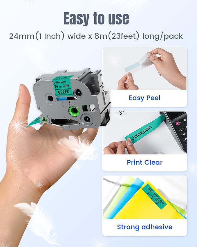 TZ Tape 24mm 0.94 Inch Laminated Green TZe-751 Compatible with Brother P-Touch Label Tape 1”for PT-D610BT P710BT D600 Cube Plus E560BTVP E510VP TZe Label Maker Refill, Black on Green 24 mm, 4-Pack