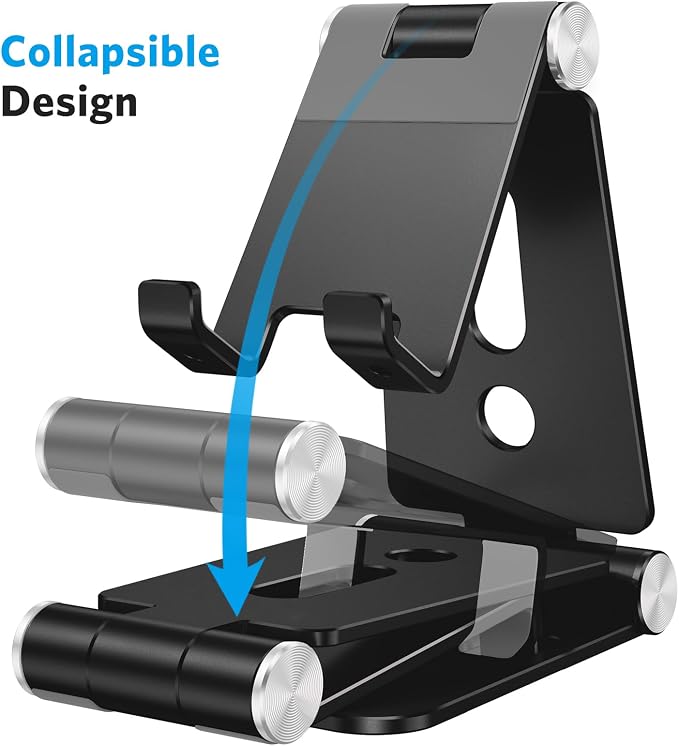 OMOTON Foldable Cell Phone Stand, C4 Portable Aluminum Phone Holder | Adjustable Phone Dock Cradle Compatible with iPhone 17/16/15 Pro Max, Samsung Galaxy, Small Tablets and Other Phones, Black