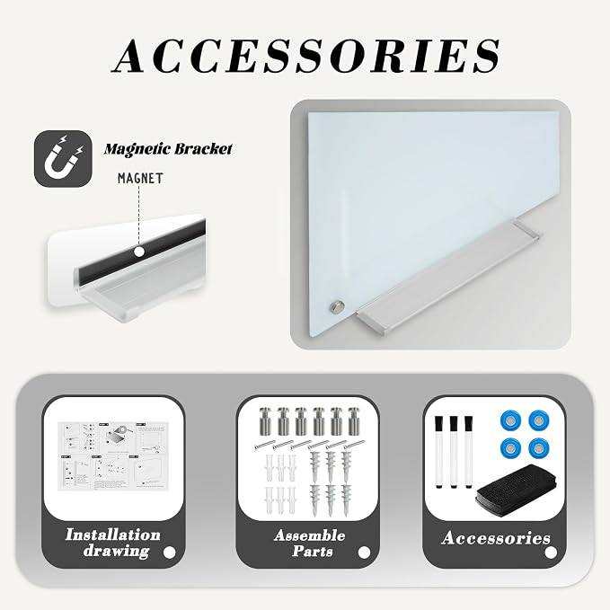 Magnetic Glass Dry Erase White Board, 72" W x 48" H Whiteboard with Accessories, Large Frameless Wall Mounted for Office, Home, School