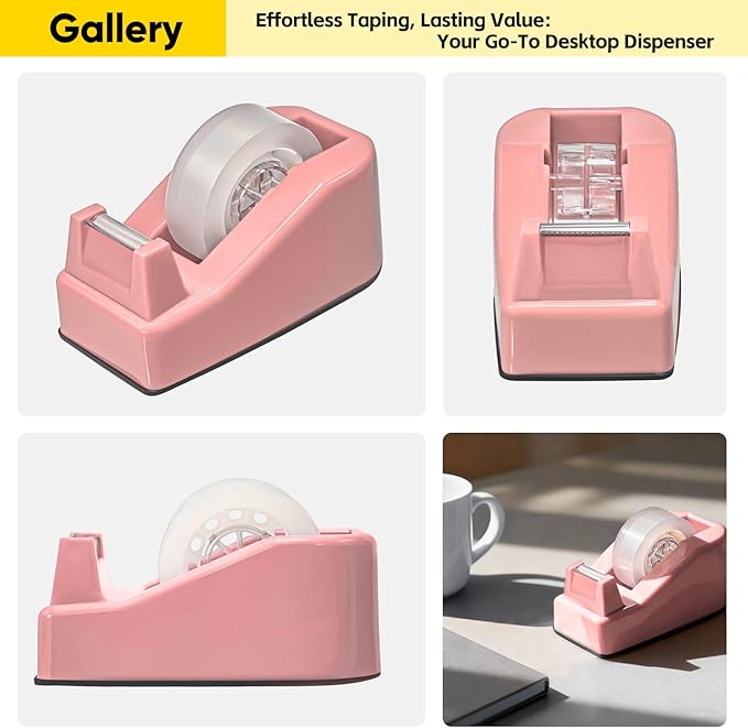 Desktop Office Tape Dispenser, Fits Standard 1-Inch Core Tapes, Weighted Non-Slip Base, Sharp Metal Blade, Smooth Cutting, Adhesive Roll Holder for Office, School, Shop, Home, Business - Pink