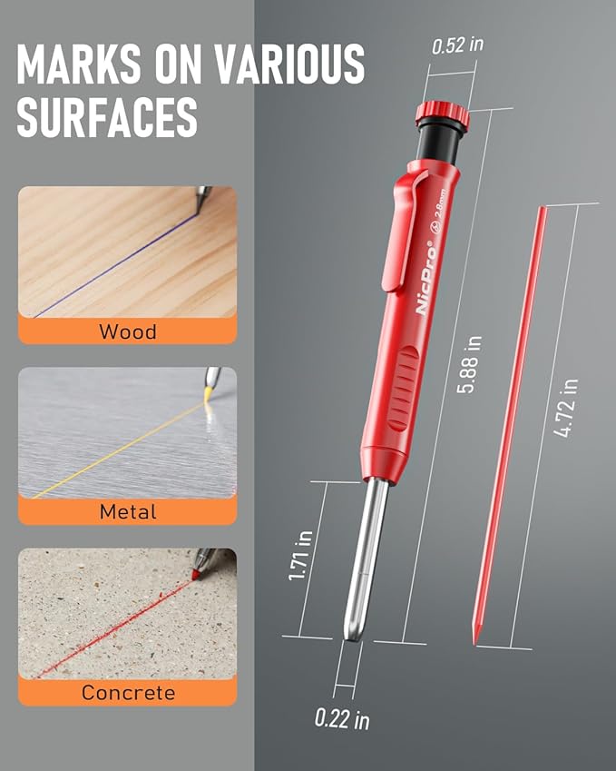 Nicpro 5 Pack Carpenter Pencil with Sharpener, Mechanical Carpenter Pencils with 41 Refills, Construction Pencil Heavy Duty Woodworking Pencils for Architect (Red, Black, Orange, Blue, Black)