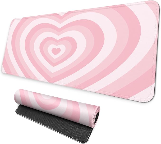 MAY FLOWER Large Gaming Mouse Pad, Full Keyboard Mat, Long Laptop Mousepad, Computer Mouse Mat for Home and Office, Anti-Slip Rubber Base, 31.5 x 11.8 Inches (Pink Loving Heart)