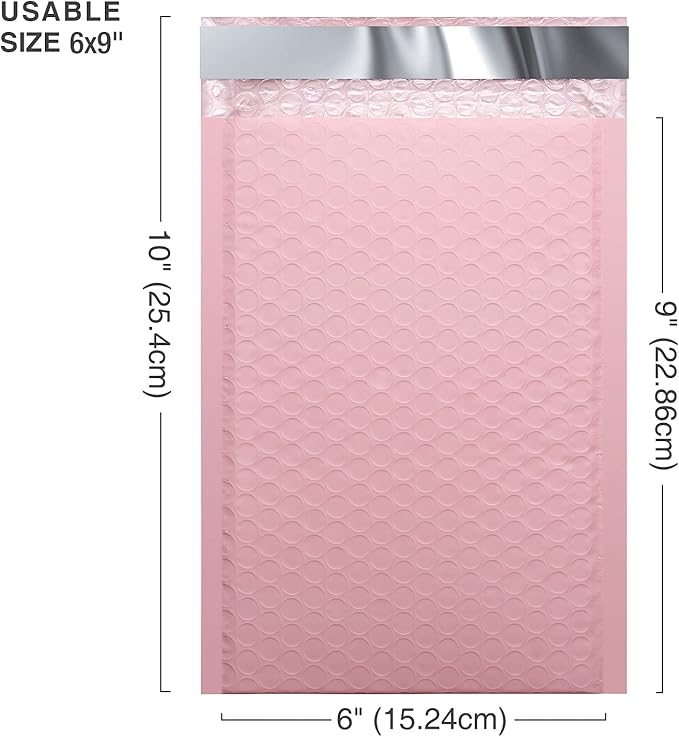 Metronic Bubble Mailers 6x10 50Pack, Light Pink, Self-Seal Waterproof Padded Envelopes, Shipping Bags for Packaging, Mailing Supplies for Small Business, Usable Size 6x9