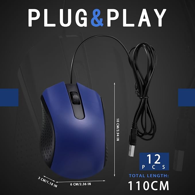 Hoteam 12 Pcs Wired Mouse Bulk, USB Ergonomic Computer Mice,Blue | Plug Play USB Cord, Textured Grip for Office Gaming, Desktop Laptop Compatible, Bulk Office School Business Supply