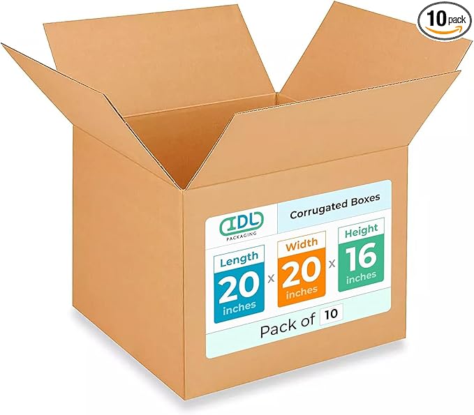 Extra Large Shipping & Moving Boxes 20x20x16 inches (10-Pack) - Extra Strength 200 lb vs Regular - USA-Made Corrugated Shipping Boxes - Large Packing Box for Moving - Heavy Duty Box by IDL Packaging