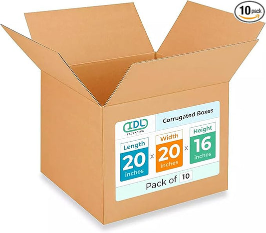 Extra Large Shipping & Moving Boxes 20x20x16 inches (10-Pack) - Extra Strength 200 lb vs Regular - USA-Made Corrugated Shipping Boxes - Large Packing Box for Moving - Heavy Duty Box by IDL Packaging