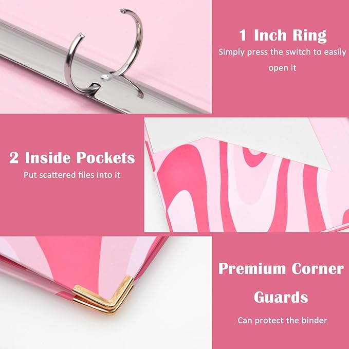 3 Ring Binder 1 Inch Three Ring Binder Cute Binder Fits A4 Paper Decorative Clipboard Binder with 5 Tab Dividers for School Office Supplies (Pink Ripple)