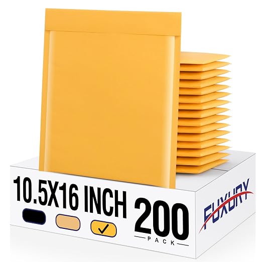 Fuxury Kraft Bubble Mailer 10.5x16" 200 Pack Self Seal Padded Envelopes | Usable Size 10.5x15" Strong Adhesion Bubble Envelopes Waterproof Padded Mailers Packaging for Small Business,Yellow