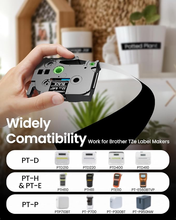 TZe-335 Black Label Tape Compatible with Brother Label Maker Tape | White on Black P-Touch TZe Tz 12mm 0.47 Laminated Work for PT-D210 PT-H110 PT-D200 PT-1750 PT-1290 Ptouch Refills, 4-Pack