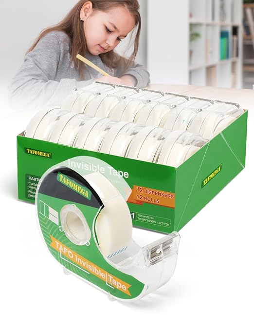 Invisible Clear Tape Bulk Rolls,12 Packs Gift Wrapping Tape for School Office Craft Job with Dispenser Frosted Writable-7/10 X 1000 Inches