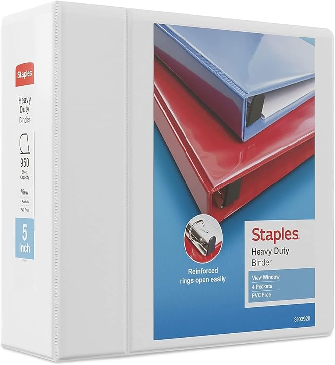Staples Heavy-Duty 5-Inch D-Ring View Binder, Extra Large Capacity Holds Up to 1,000 Sheets, White, for Office & Archiving