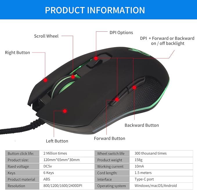 IULONEE USB Type C Wired Mouse 2400 DPI Gaming Mice for Office Home Black | Wired Mouse Ergonomic 7 Backlight 6 Buttons Silent Compatible with Windows PC, Laptop, Computer and More USB Type C Devices