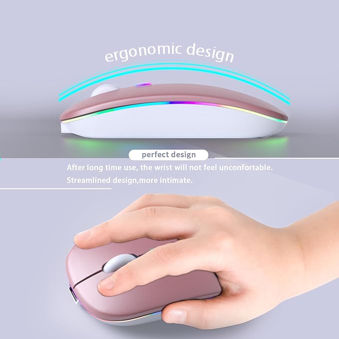 Wireless Bluetooth Mouse – Rechargeable, Silent, Dual Mode (Bluetooth 5.2 & USB) with LED Lights – Portable for Laptop, Desktop, & Tablet(Rose Gold)