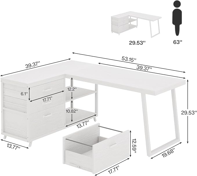 Tribesigns L-Shaped Computer Desk with 3 Drawers, Reversible Corner Home Office Desk with Shelves, 53-Inch Industrial PC Desk Study Writing Table Workstation for Small Space, White