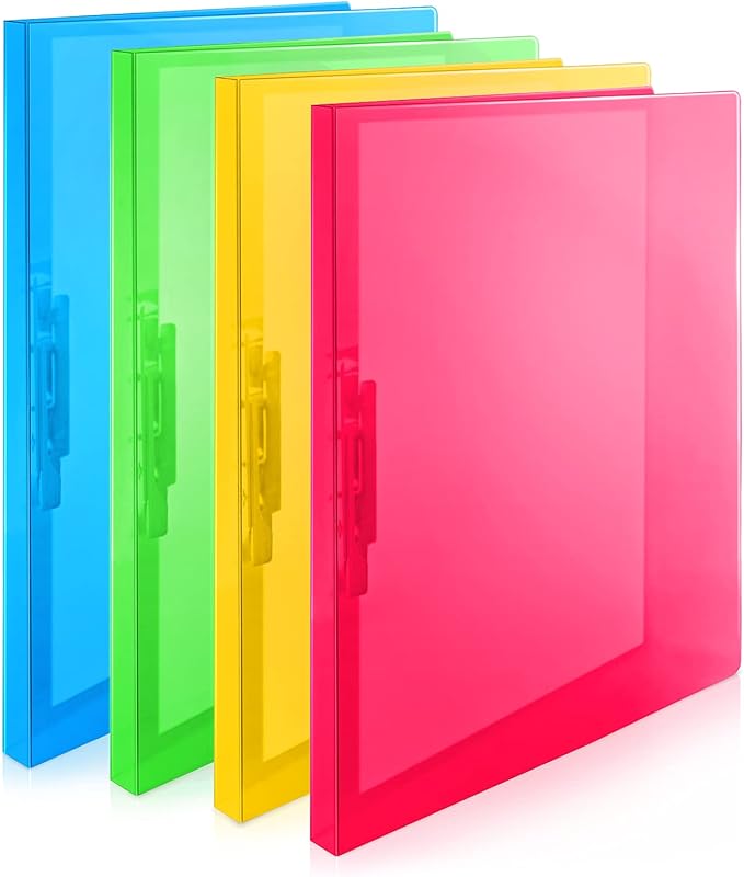 CRANBURY Punchless Clamp Binder (4-Pack, Assorted Colors), Ringless Binder Holds 100 Letter Size Pages, Documents, 8.5x11 Folder with Metal Clip for Home or Office, Transparent Acid-Free Poly