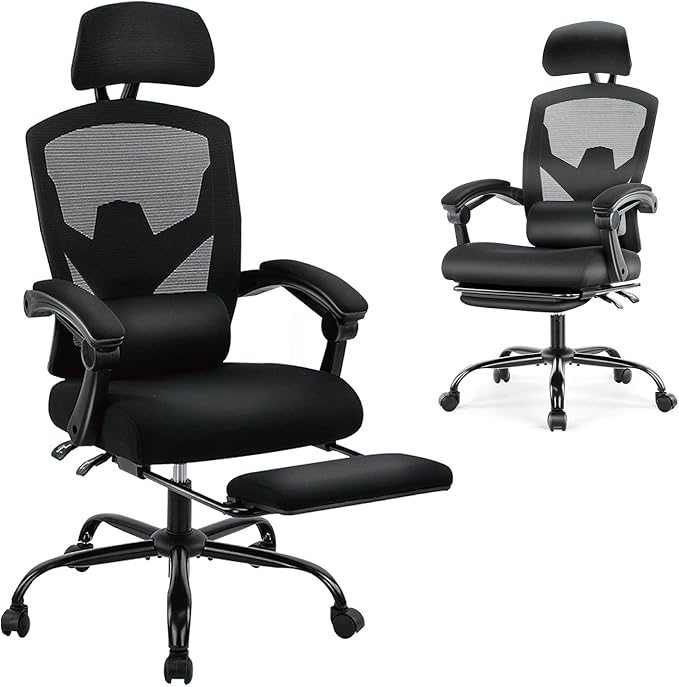 DUMOS Home Office Desk Chair with Footrest, High-Back Mesh Rolling Swivel Reclining Chairs with Wheels, Comfortable Headrest, Lumbar Support, Comfy Arms for Home, Office, Gaming, Student, Inky