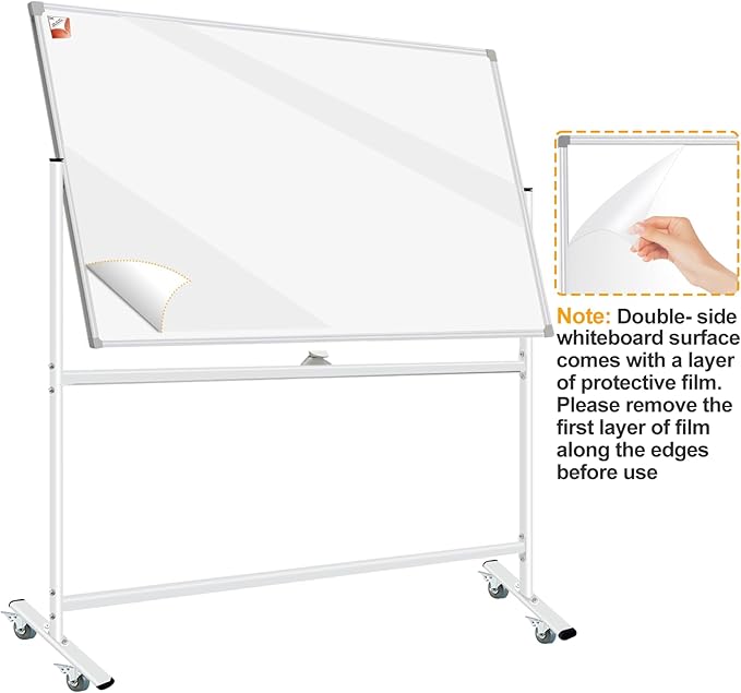 Double-Sided Mobile Whiteboard 48 x 36, Rolling Magnetic Board With Stands, Dry Erase on Wheels, Large White Board With 1 Eraser, 4 Markers and 20 Magnets