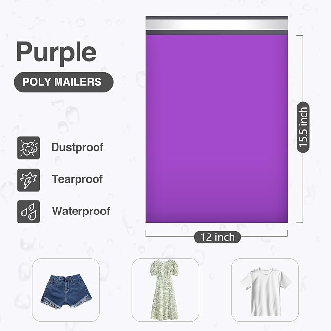 UCGOU Poly Mailers 12x15.5 Inch Purple 100 Pack Plastic Medium Shipping Bag | Self Seal Adhesive Waterproof Tear Proof Mailers Poly Bags Strong Mailing Envelopes Packing for Clothes Books Accessories