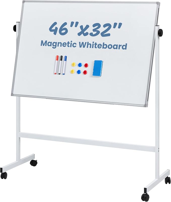 OLIXIS Magnetic Whiteboard with Wheels 46" x 32", Dry Erase Board with Adjustable Rolling Stand, Heavy-Duty Aluminum Frame & Accessory Tray for Office, Classroom, Home & Presentations, White