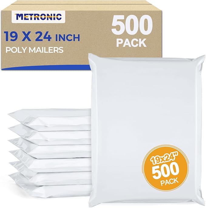 Metronic Poly Mailers 19x24 500Pcs Large Shipping Bags for Clothes,Heavy Duty Shipping Envelopes Bulk for Small Business,Strong Adhesive Self-Seal Plastic Mailing Bags for E-Commerce Packaging, White