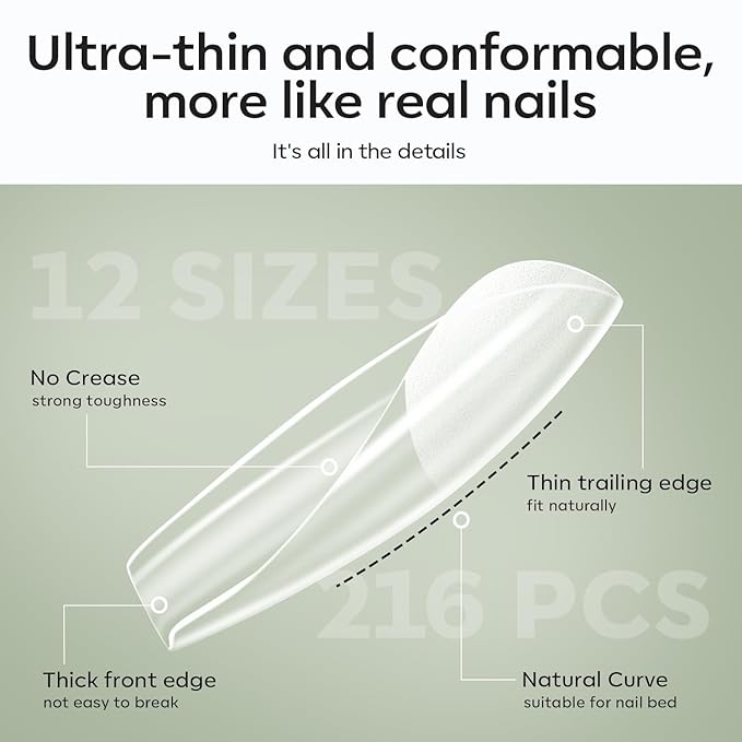 modelonesn X Nail Gel Kit Kit Medium Coffin, 9-in-One Nail Glue with Portable U V Lamp 216Pcs 12Sizes Pre-Etched Press ons Fake Acrylic Extension Kit DIY Salon Gift for Women