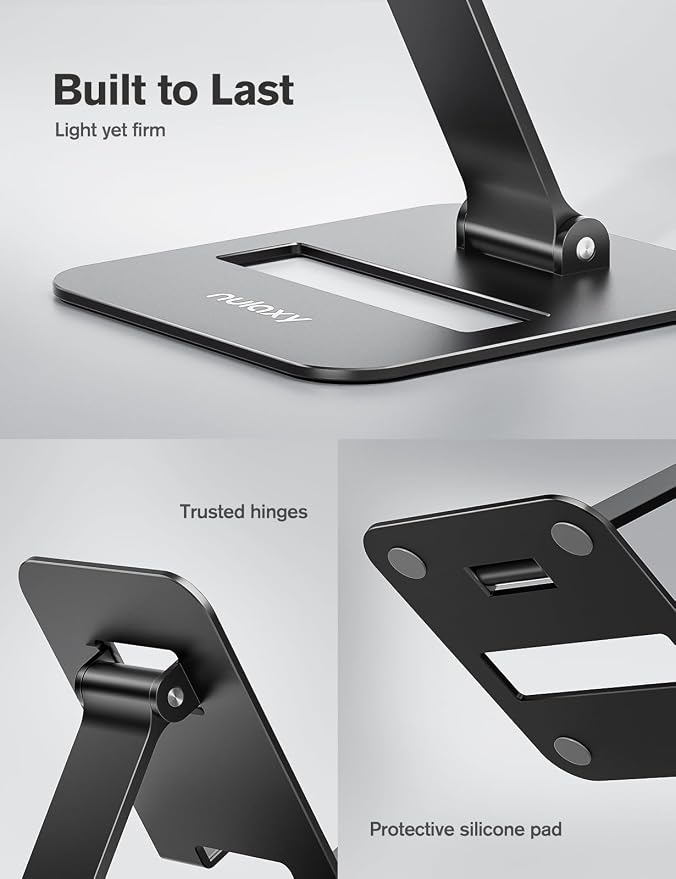 Nulaxy 2 Pcs Aluminum Dual Folding Cell Phone Stand for Desk, Black & Black | Height Angle Adjustable, Portable, Anti-Slip Base Phone Holder Fits 16mm Thick Case 4-8" Smartphone Desk Essential Accessory