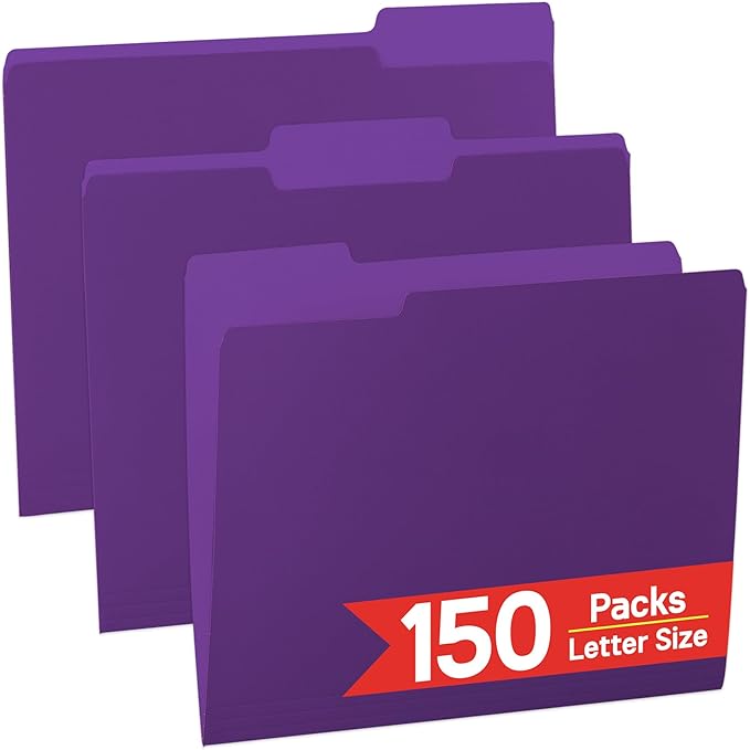 150 Packs Purple File Folder,Paper File Folders Letter Size,1/3-Cut Tabs,8.5x11 Inch File Folders for Office Filing,School Projects and Home,Organizer Documents