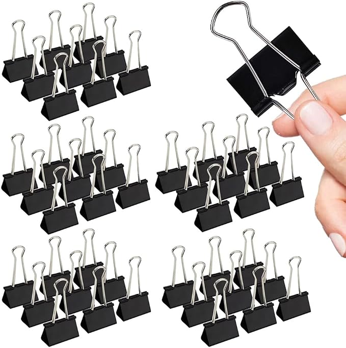 Medium Binder Clips, 144 Pack, 1-1/4 Inch, 1.25 Inch, Standard 32mm, Black, Capacity 0.6 Inch, Metal Paper Clips, Fold Clamp, Office Clips, School & Home Use