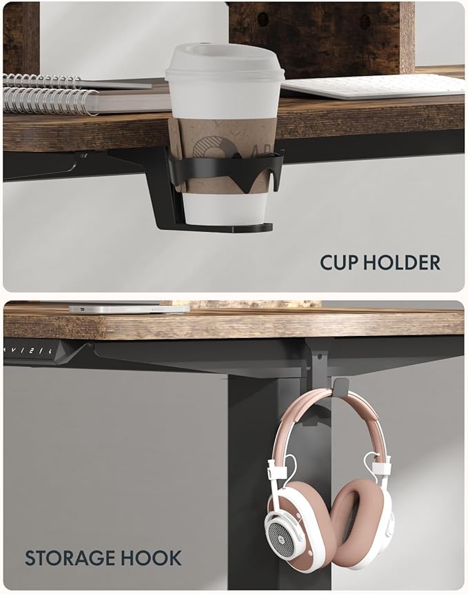 FLEXISPOT Standing Desk with Monitor Stand, 48 x 24 Inches One-Piece Electric Height Adjustable Computer Desk with Cup Holder for Home Office, Rustic