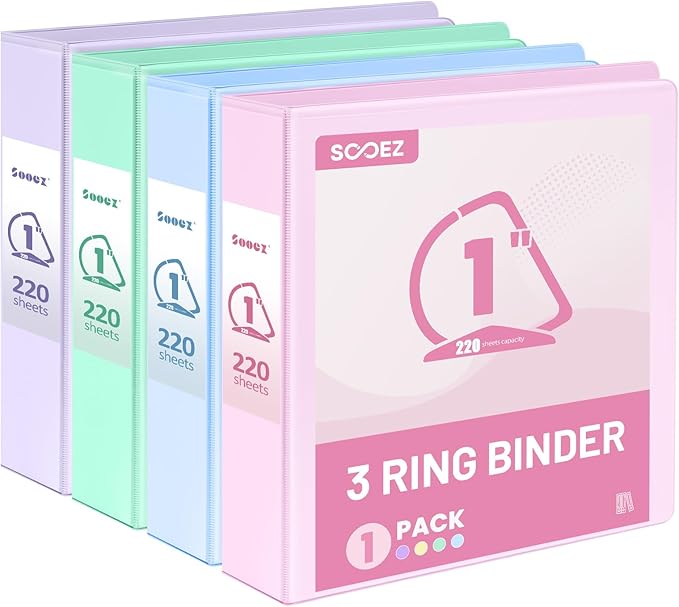 Sooez 4 Pack 3 Ring Binder 1 Inch, D-Ring Binder, Pastels, 8.5"x11" | Holds 880-Sheet of Letter Paper, Extra Durable, PVC-Free, Clear View Cover, Interior Pockets, Eco-Friendly, School, Office