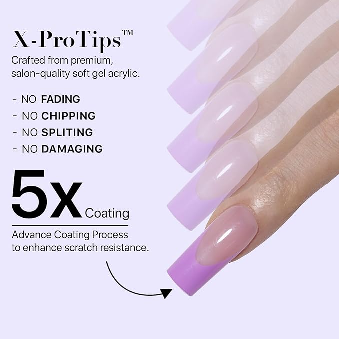SXC Cosmetics French Tip Press On Nails 150 Pieces in 15 Sizes Ultra Fit with Pre-applied Tip Primer and Base Coat, No Need to File Fake Nails for Nail Art DIY X-Pro Tips (5PURPLE117-M Square)