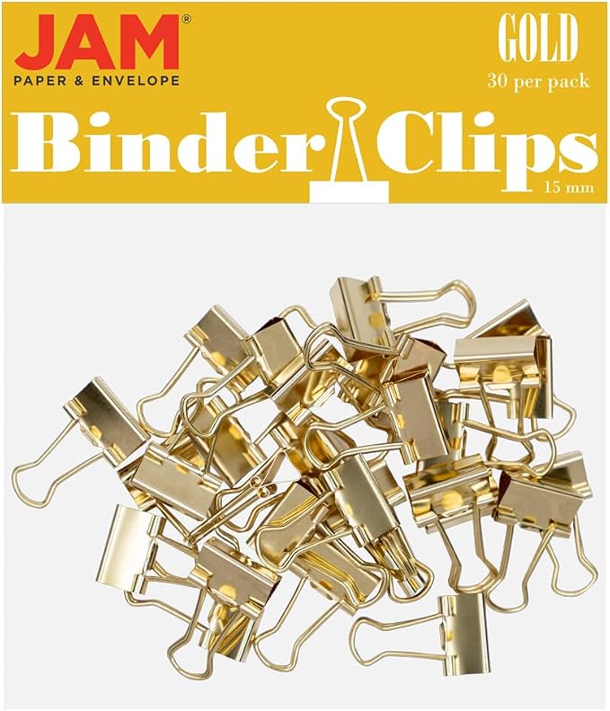 JAM PAPER Colorful Binder Clips - Extra Small - 3/5 Inch (15 mm) - Gold Binderclips - 30/Pack