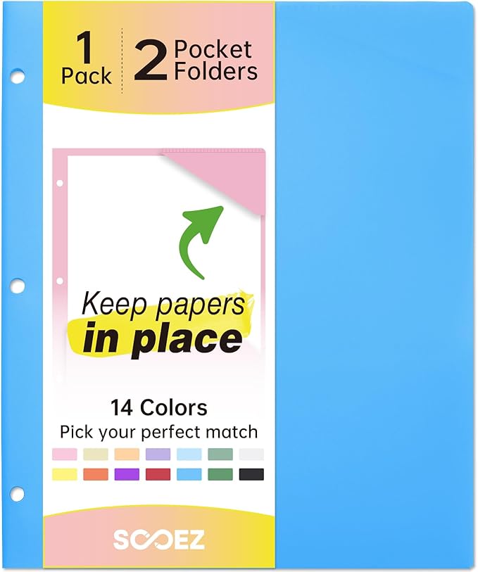 Sooez 2-Pocket Folders, Plastic Folders with Pockets 3 Hole Punched, 1 Pack Pockets Folder for 3 Ring Binder with Labels, Heavy Duty Binder Folder for Document, Letter Size File Folder,Blue