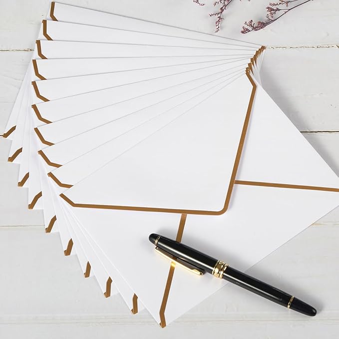 50 Pieces A7 Envelopes with Gold Border, 5.24 x 7.21 Inches Envelopes with Gold Stickers for Greeting Cards and Invitation (White, A7-5x7)