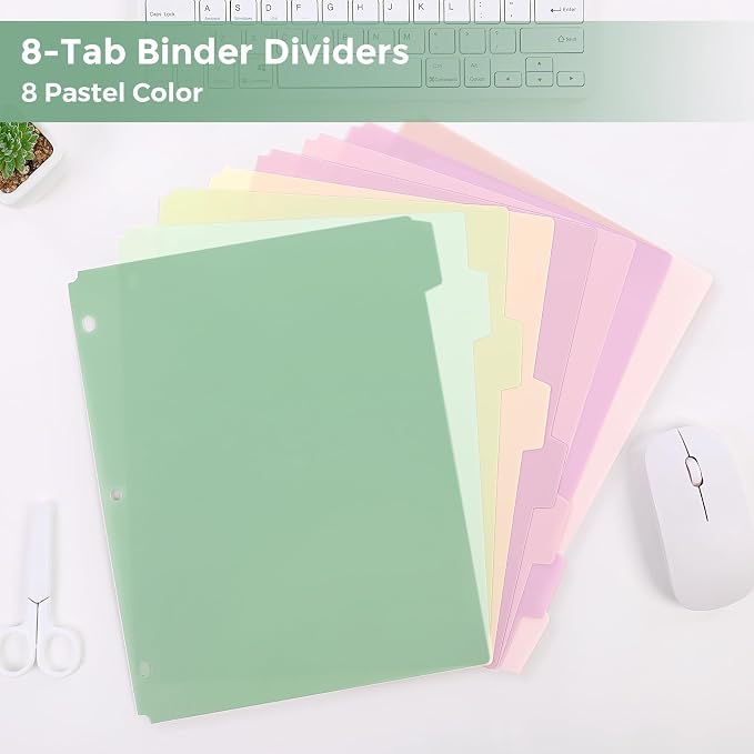SKYDUE 8 Tab Write & Erase Durable Plastic Dividers for 3 Ring Binders | Letter Size Binder Dividers with Sticker Labels,Aesthetic Pastels Divider Perfect for School, College & Office Life,1 Set