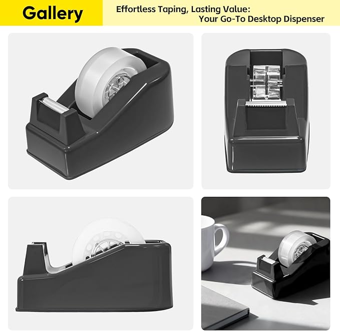 Desktop Office Tape Dispenser, Fits Standard 1-Inch Core Tapes, Weighted Non-Slip Base, Sharp Metal Blade, Smooth Cutting, Adhesive Roll Holder for Office, School, Shop, Home & Business - Black